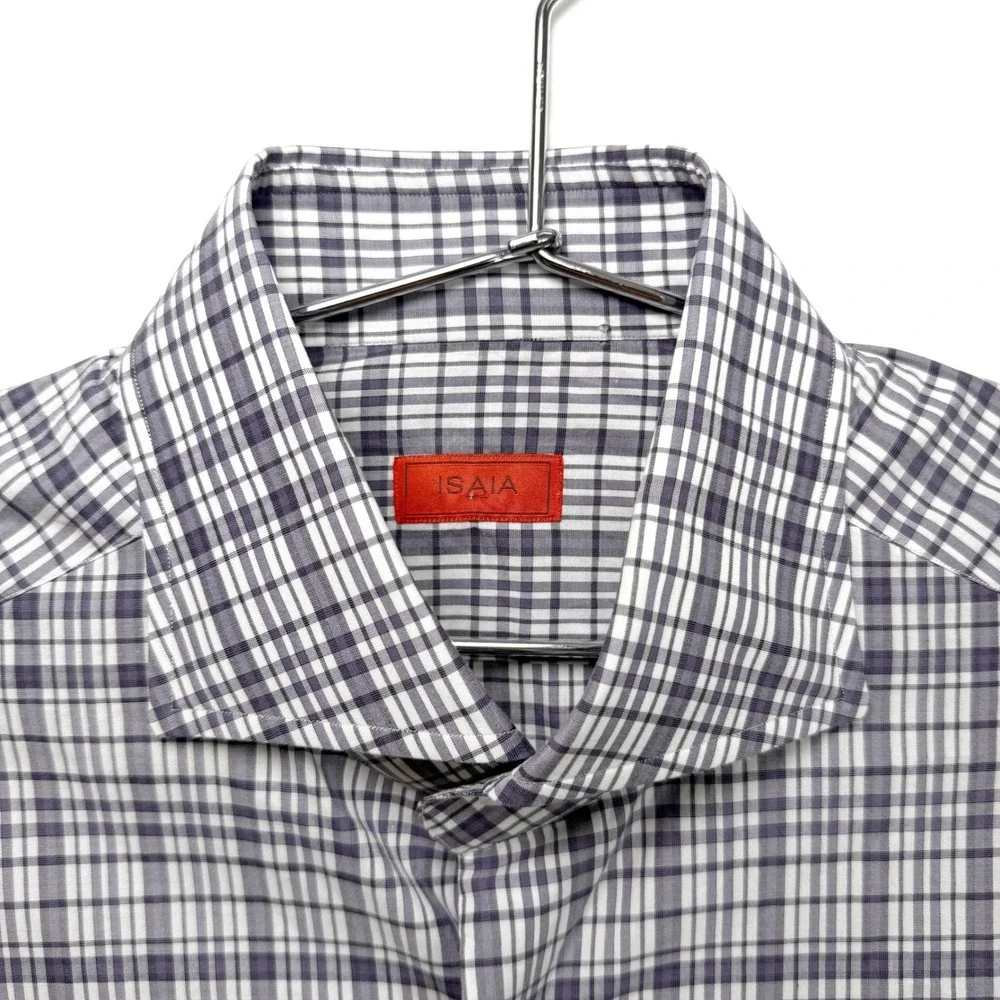 ISAIA Napoli Mens Dress Shirt 15 1/2 Check‎ Plaid Black & White Button Up